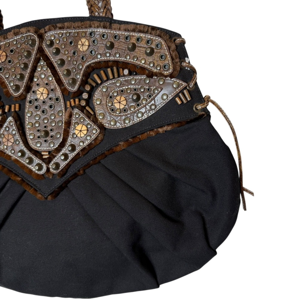 Braccialini Tua Canvas Beaded Studded Tote‎ Black Leather Embellished Detail Bag - Picture 3 of 10